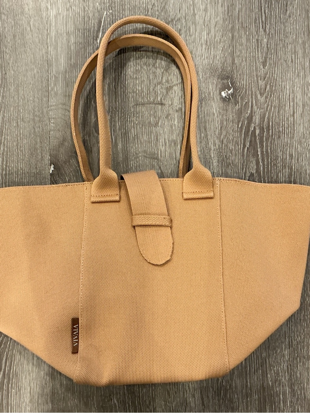 Vivaia Tan Woven Tote Bag with Top Handles, strap crossover closure, pockets